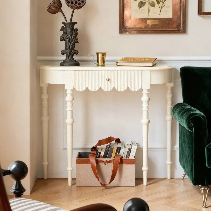 

Entrance table retro European semi-circular entrance table ivory white carved side table living room solid wood decorative