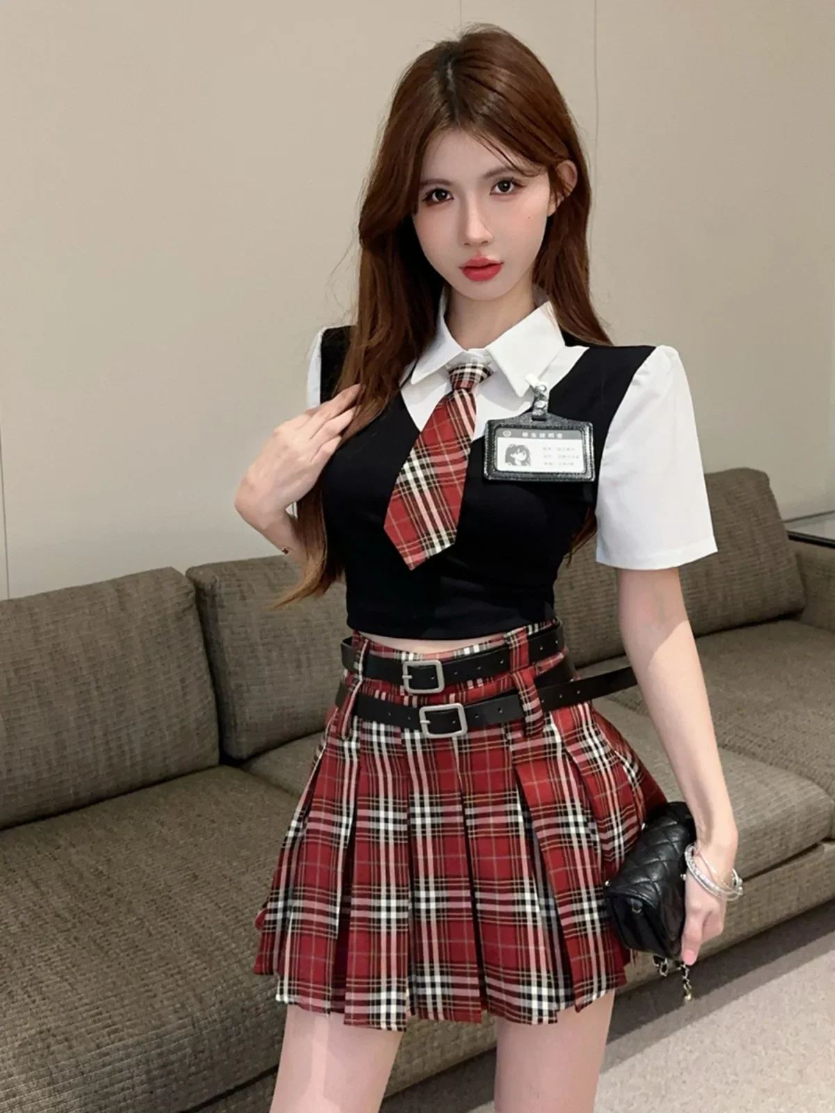 

2025 NEW Summer Jk Uniform Knitted Fake Two Pieces Top Half-Length Skirts Two-piece SetAmerican Sweet Gyaru Preppy Set Women