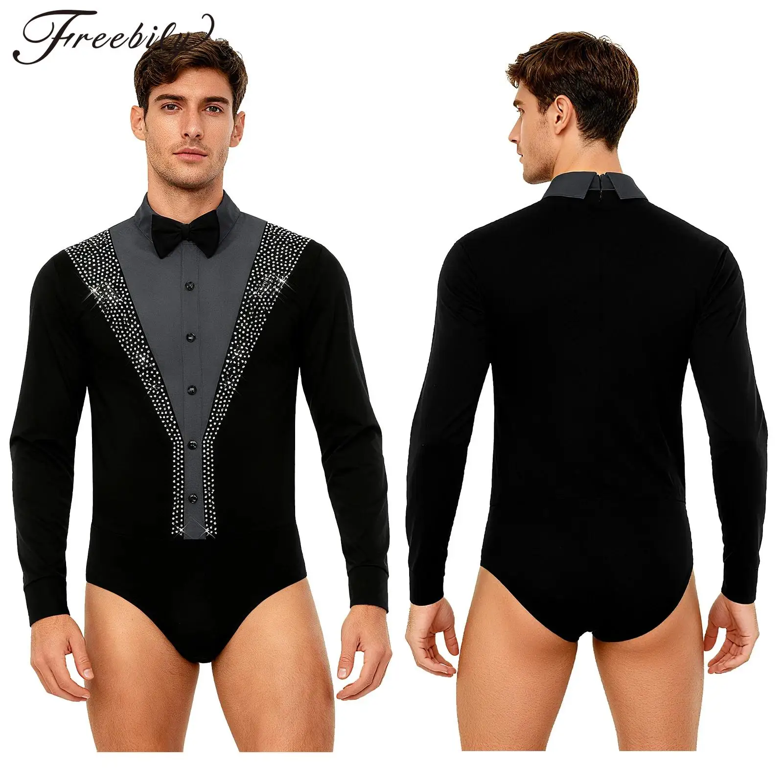 Body de danse latine pour hommes, Tango, salle de bal, cha-cha, Rumba, Flamenco, avec nœud papillon, manches longues, strass brillants, justaucorps de patinage artistique