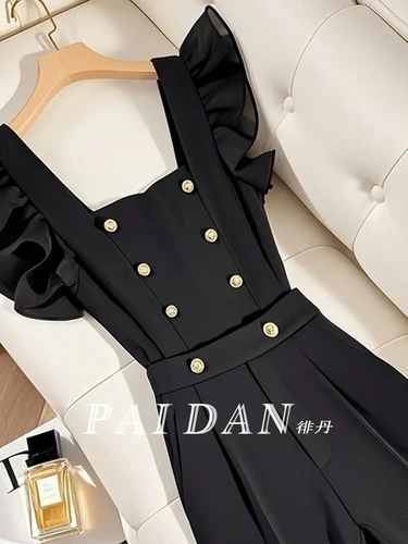 Mono de pierna ancha drapeado de cintura alta para mujer, pantalones con tirantes, pantalones de temperamento de estilo coreano ajustado y elegante, otoño