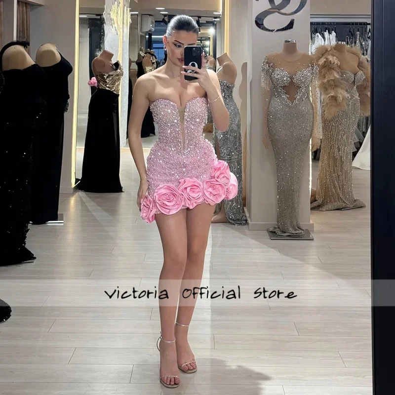 

Glitter Crystals Cocktail Dresses for Girls 3D Flowers Pleated Mini Homecoming Gowns Vestidos De Fiesta Customized