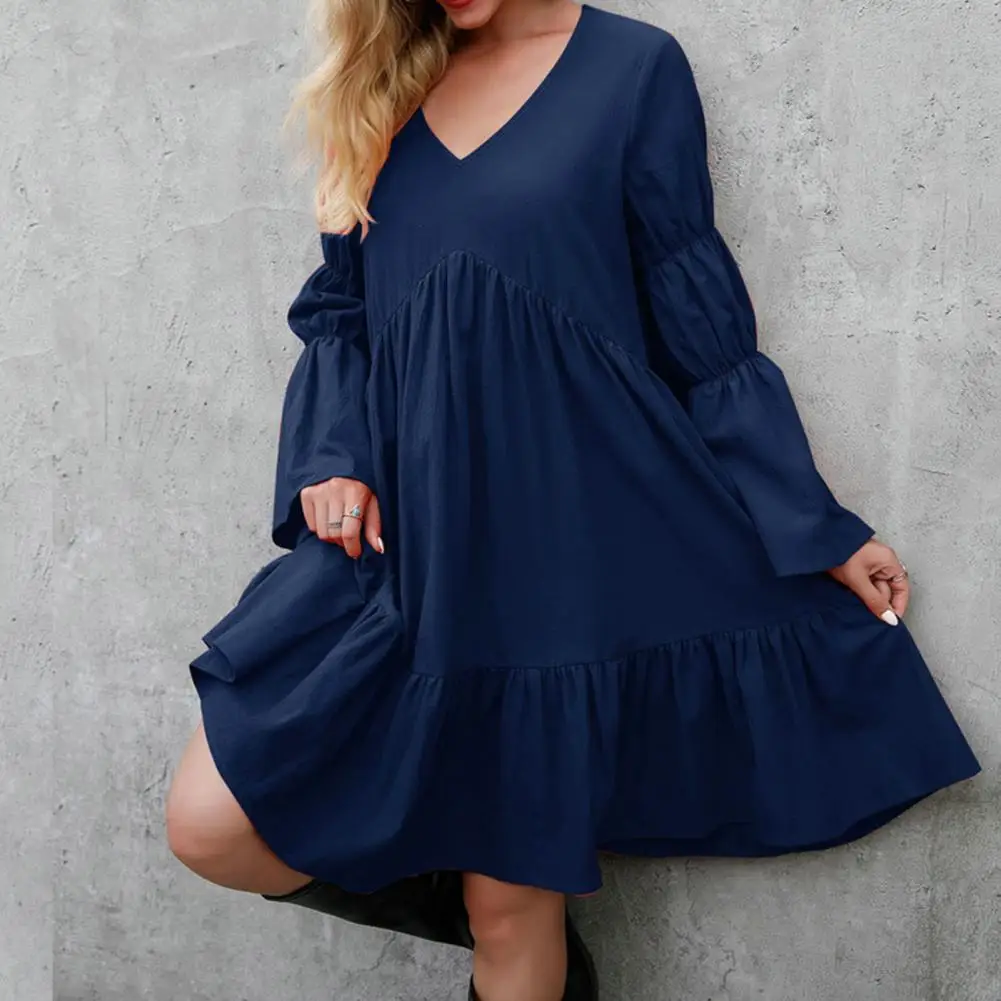 V Neck Long Sleeve Solid Color Autumn Dress Pullover Soft Solid Color Large Ruffled Hem Boho Dress Female Clothing