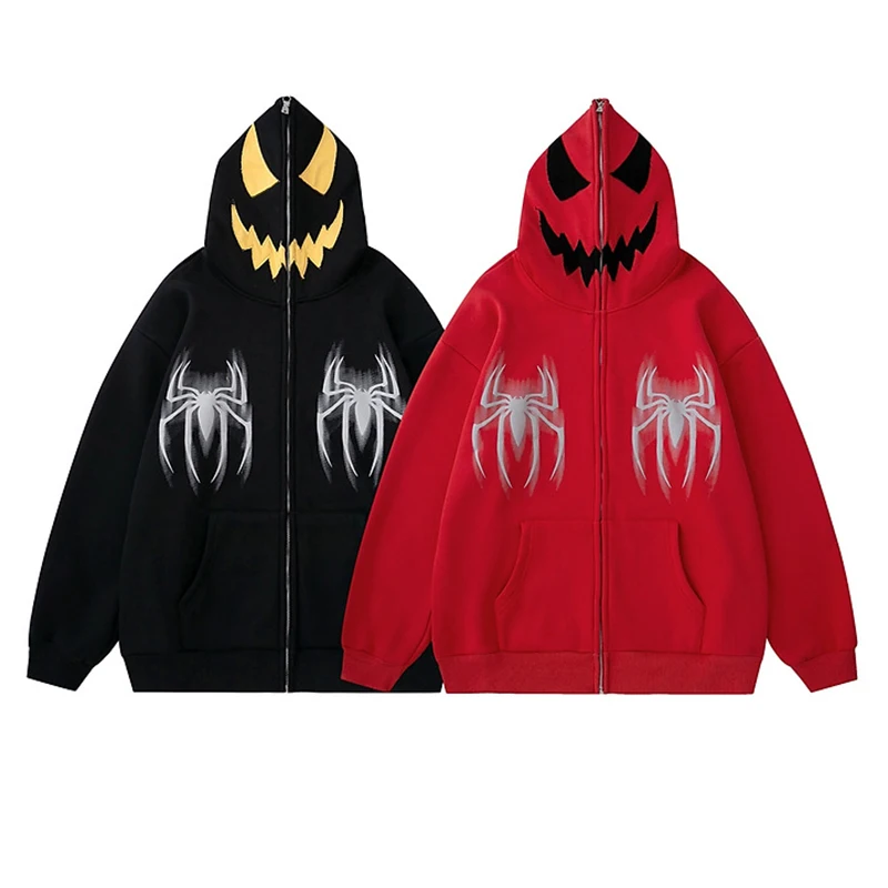 

TRAF American Retro Spider Print Hoodie Sweater Men's Autumn/Winter New Loose Oversize Zipper Cardigan Women's Clothing