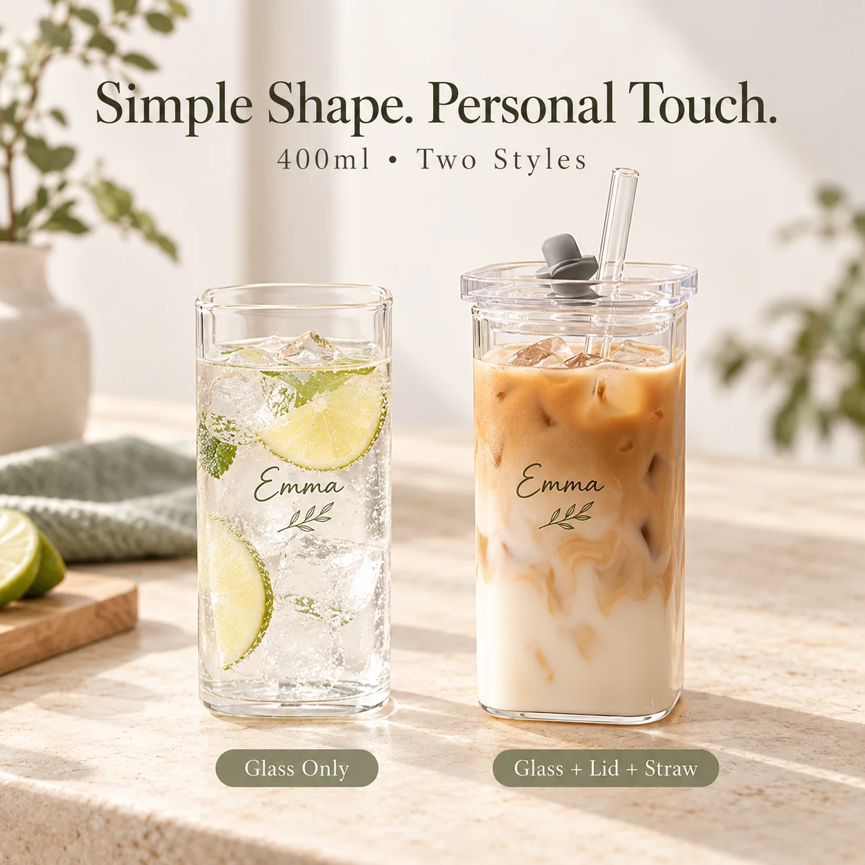 Custom Clear Square Glass Cup 400ml With Name Iced Coffee Matcha Tumbler For Home Cafe And Office Desk Personalized Gift For Her