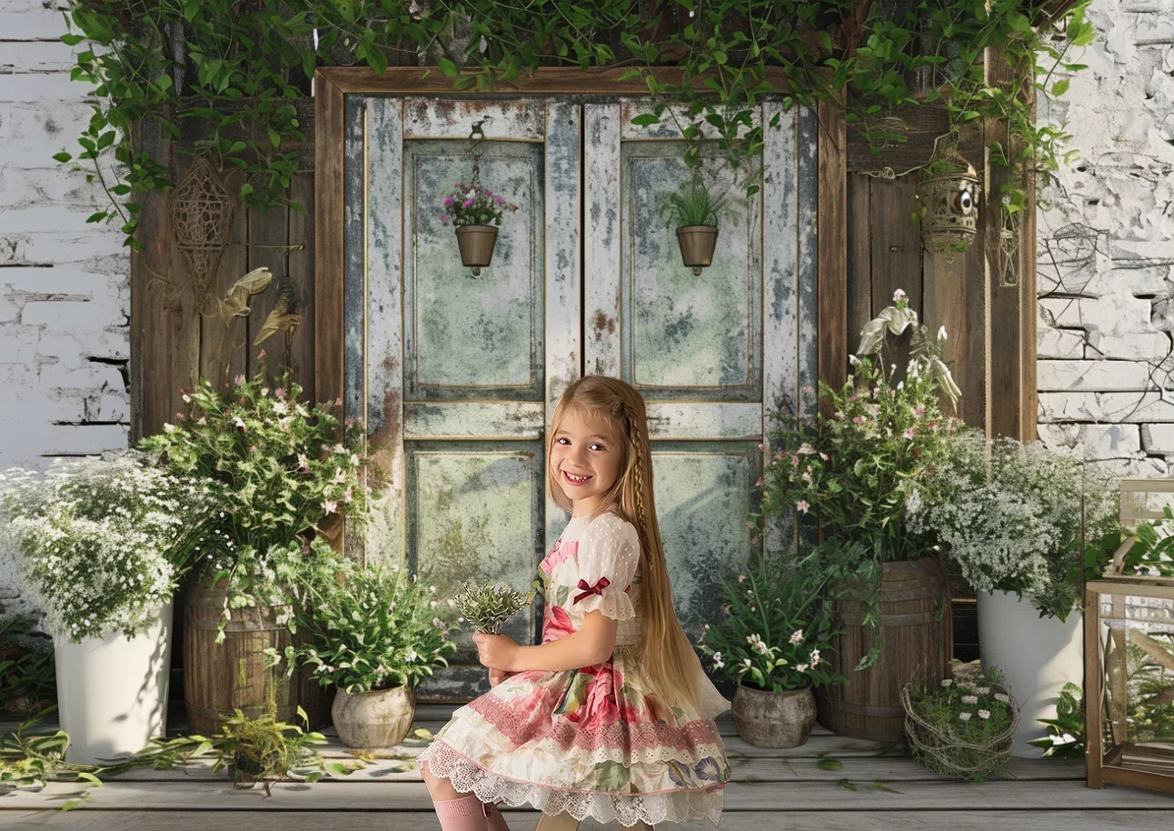 Spring Photography Backdrop Pastoral Charm Plants Flower Wooden Door Beige Decor Baby Birthday Portrait Background Photo Studio