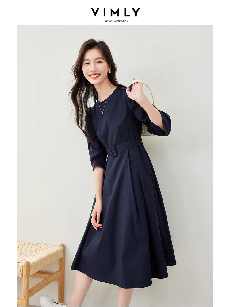 Vimly Cotton Simple Three Quarter Sleeve Dress Woman 2024 Spring Round Neck Puff Sleeves Belt Waisted Loose A-line Dresses M6193