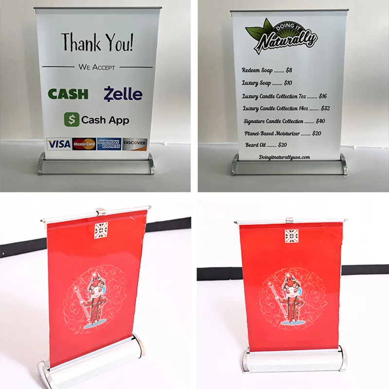 Custom Roll Up Banner Aluminum Stand Retractable PP High Definition Printing A3/A4 Desktop Banner For Business Activities Beauty