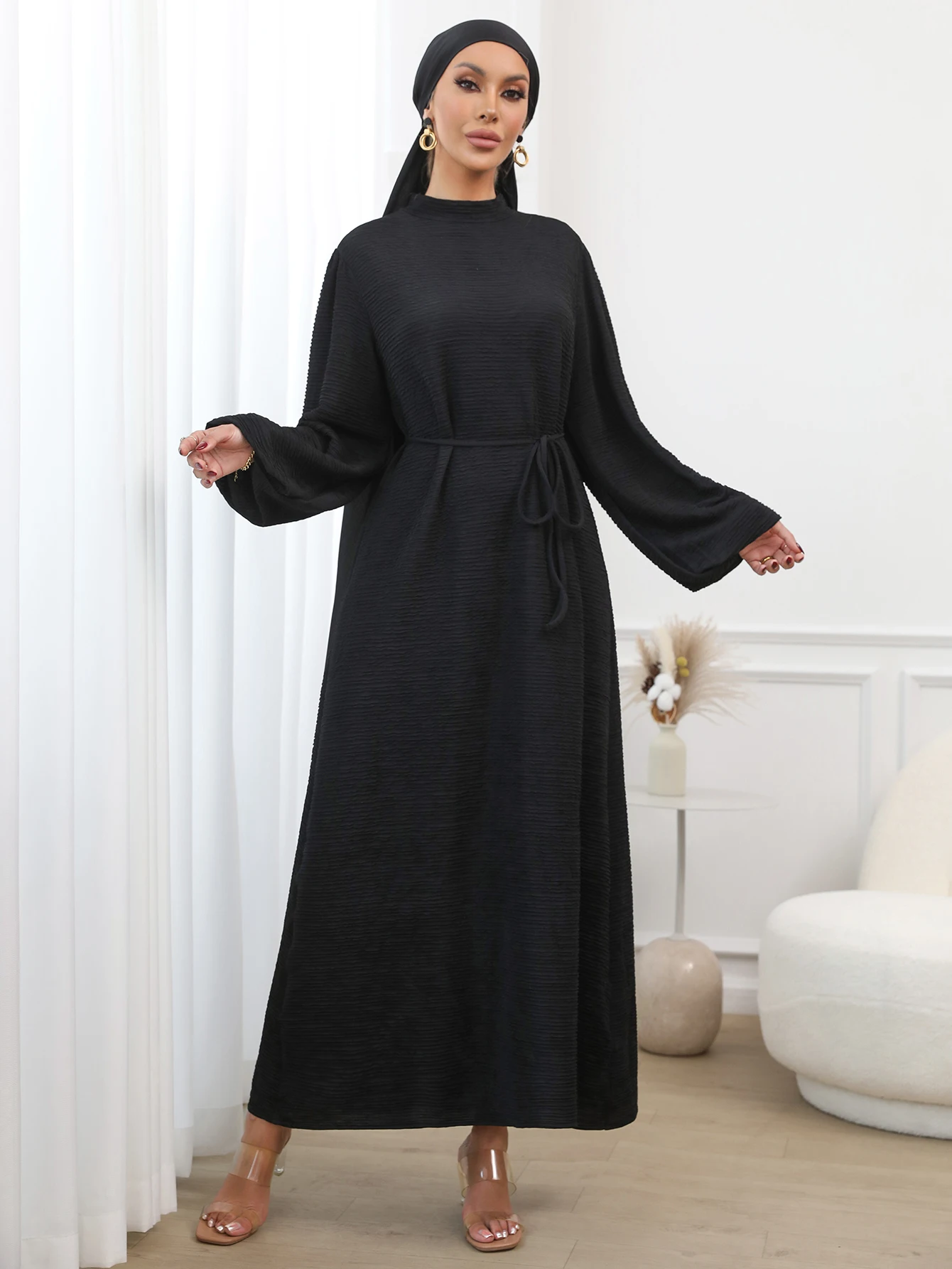 

Small stand collar Lantern Sleeve robe Elegant comfortable Belt dress Women (with belt without headscarf)
