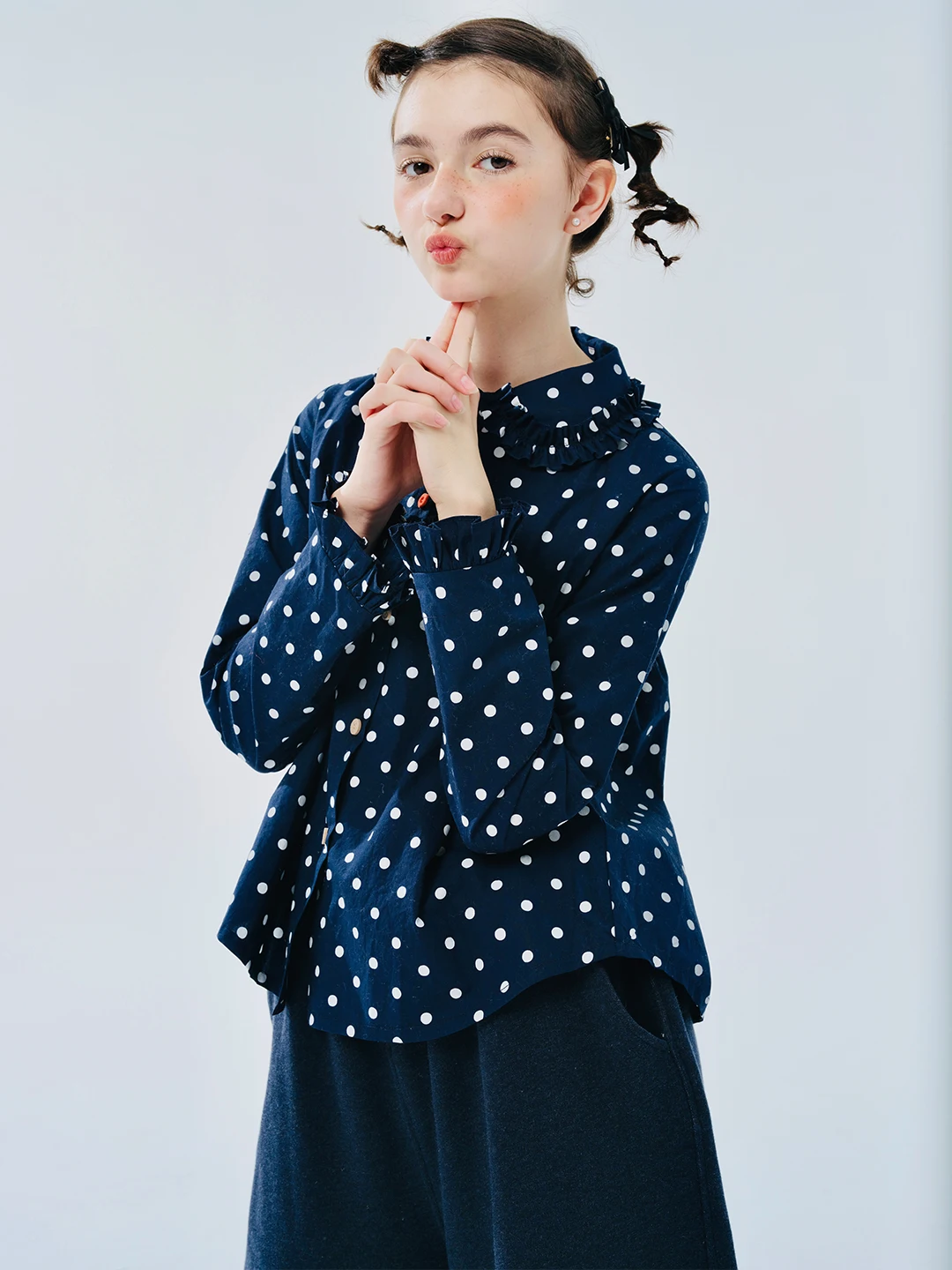 

IMAKOKONI original design lapel long sleeve polka dot blue loose shirt 244475