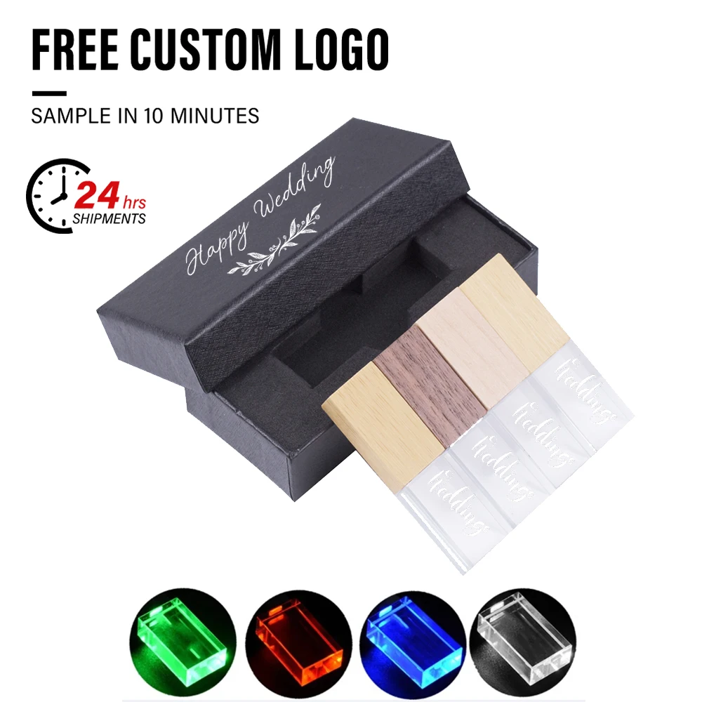 Free Custom Logo USB Flash Drive 128GB Crystal Memory Stick 64GB Wedding Gift Pen Drive 32GB Black Box External Storage 16GB 8GB