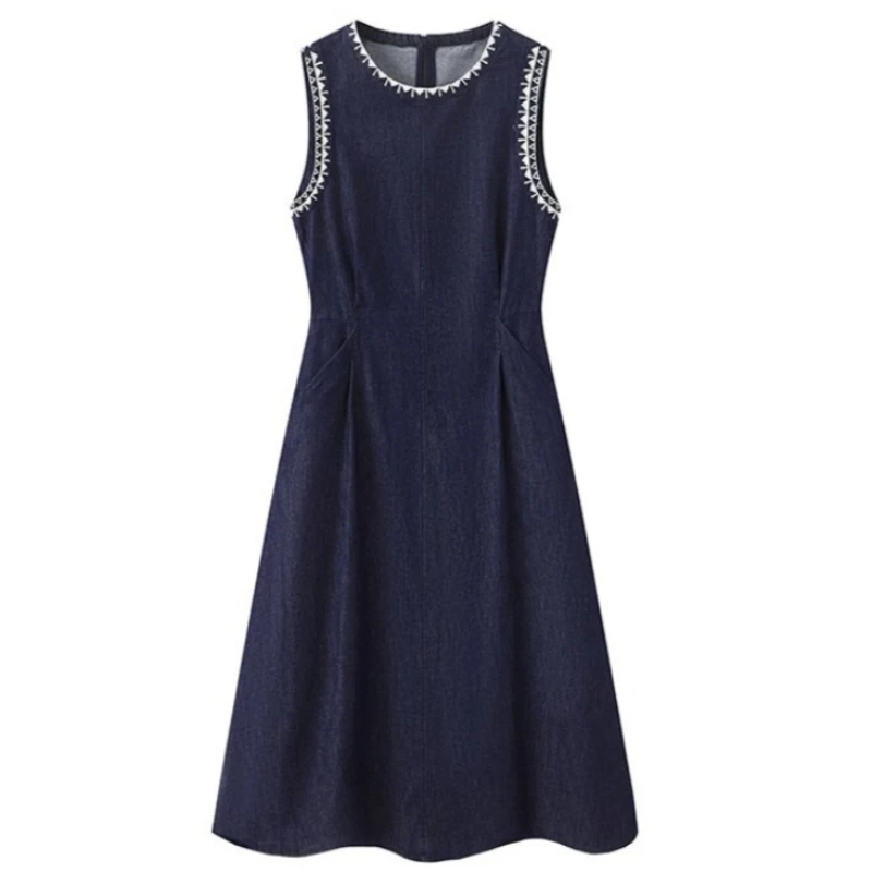 

Women Dresses Denim Dress A Line Zipper Pocket Round Neck Sleeveless Ankle Length Empire Waist Slight Strech Loose 2026 Summer