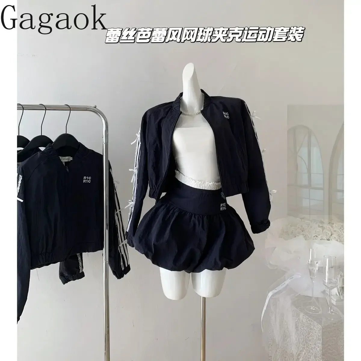 Gagaok Lace Patchwork Sweet Two Piece Suit Women Autumn Casual Navy Blue Short Jacket+high Waist Gentle Mini Skirts Set