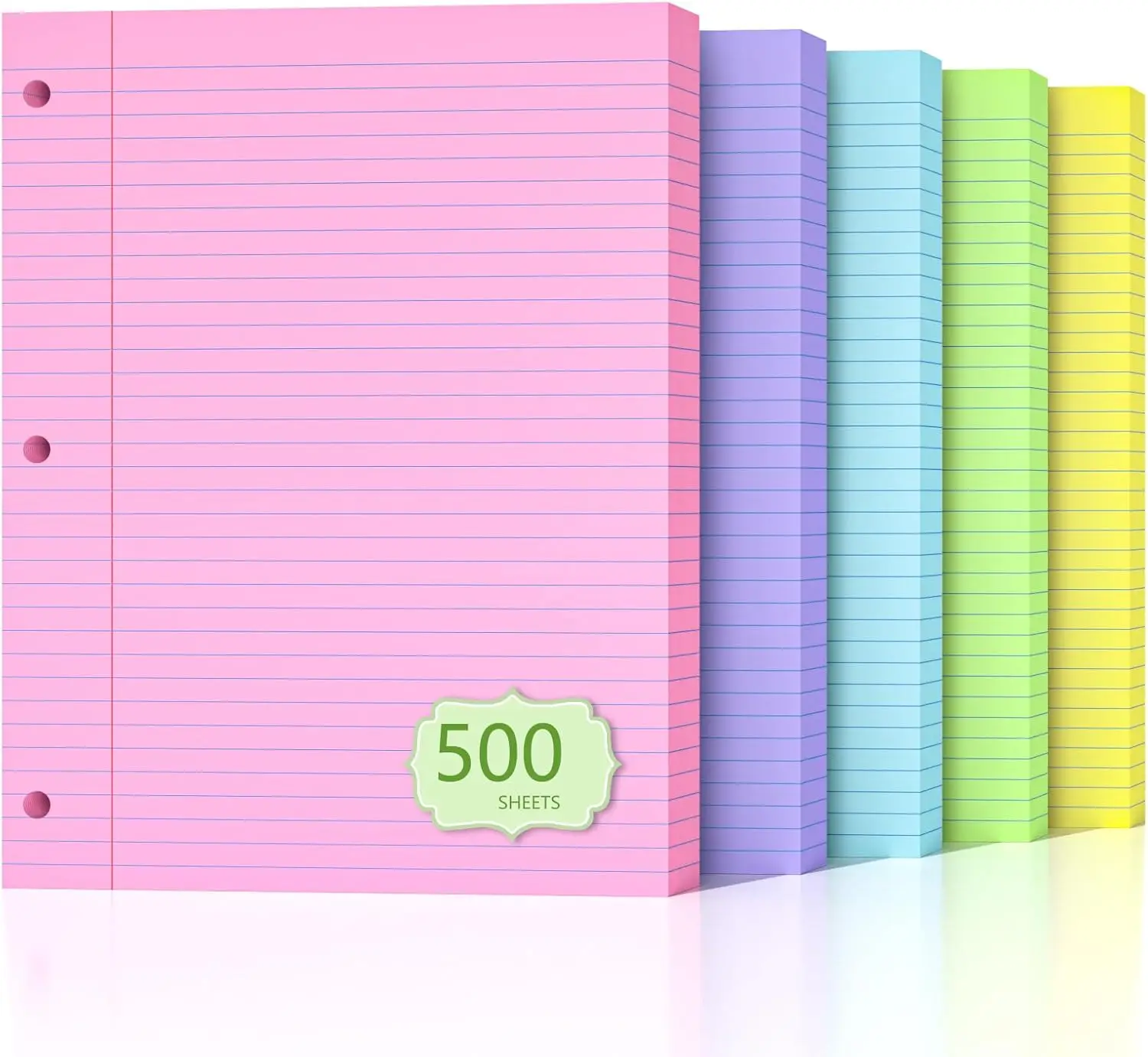 

500 Sheets Colored Loose Leaf Paper 8x10.5 College Ruled 3-Hole Punched for 3-Ring Binders Note Taking Home School Office