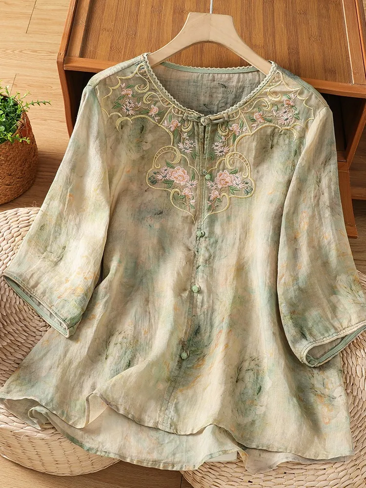 

Classical Chinese Style Women's Embroidered Print Cotton Linen Shirt Half Sleeve round Neck Button up Summer Loose Fit Top