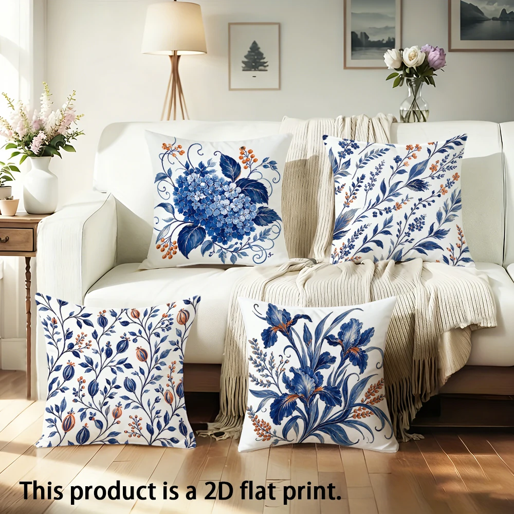 1pc  Blue Porcelain Style Floral Throw Pillow Covers, Farmhouse Decorative Cushion Cases for Sofa Bedroom Living Room