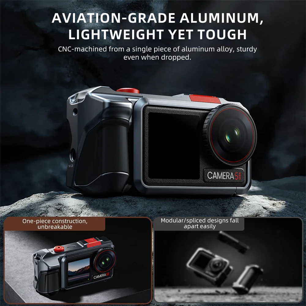 

Кейдж-держатель из алюминиевого сплава для камеры DJI Action 5 Pro с креплением Cold Shoe и удлинителем резьбы 1/4 дюйма для видеоблогинга