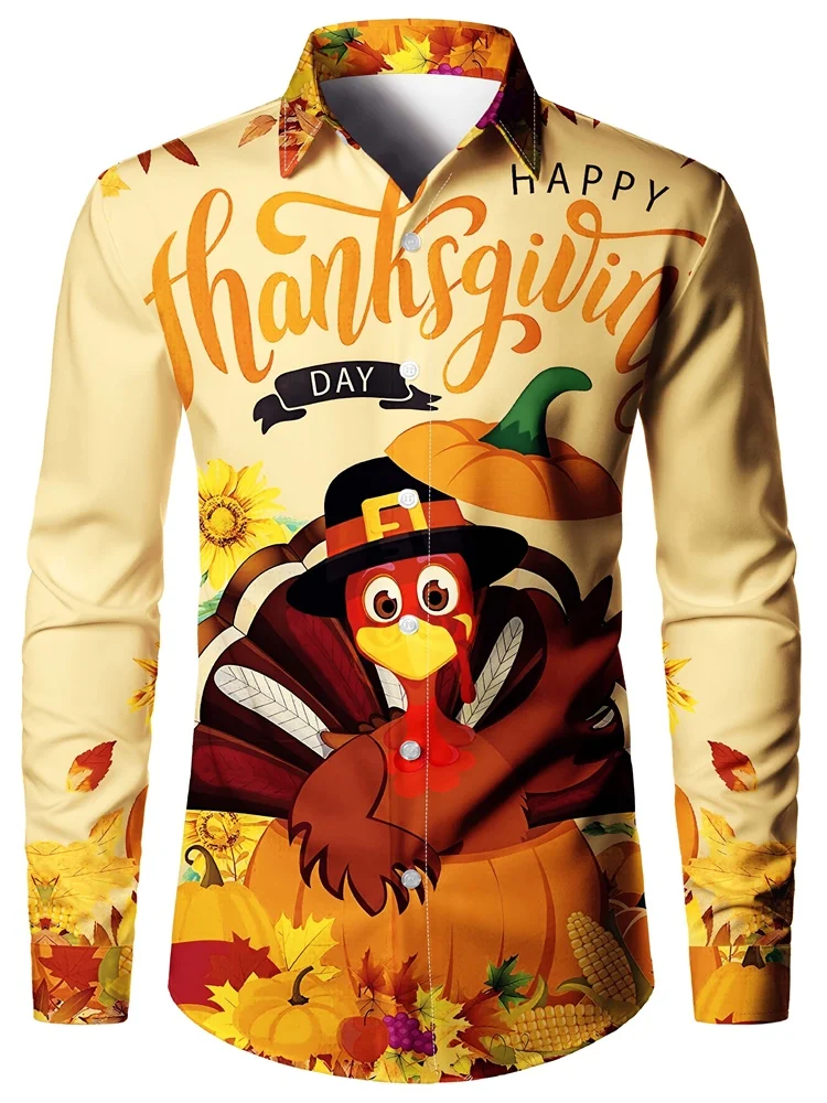 New Thanksgiving Day Men's Long Sleeve Shirt 3D Cartoon Turkey Print Men's Lapel Shirt Street Fashion Men's Single Breasted Shir