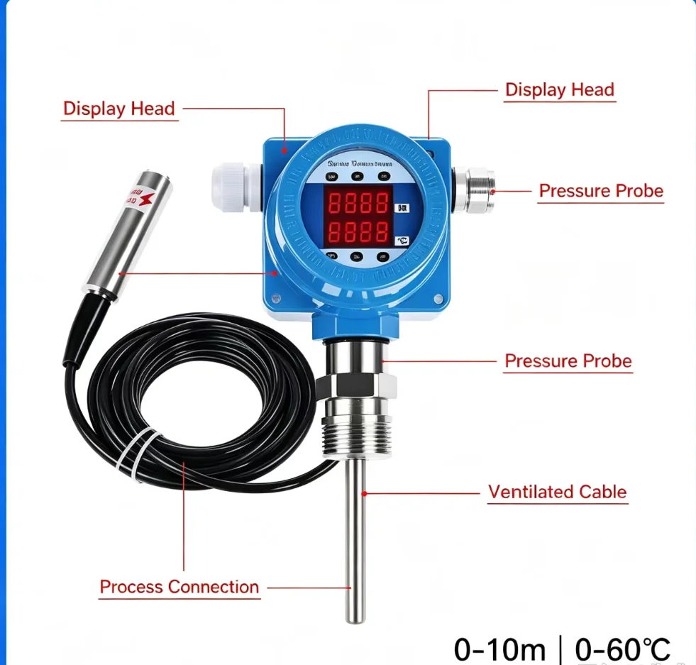 0-10m Submersible Hydrostatic Leel Transmitter 4-20mA Alarm Display Underground Wells/Storage Tanks/Sewage  Instrument
