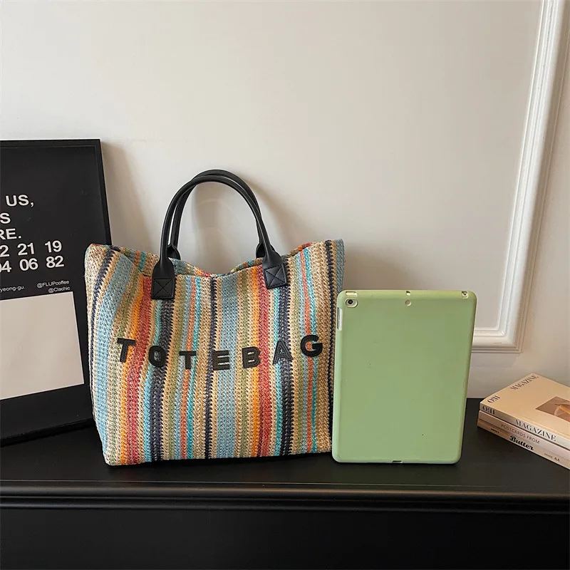 

New Rainbow Striped Letter Tote Bags Large Capacity Fashionable and Versatile Handbag for Women Vacation Commuting Bags