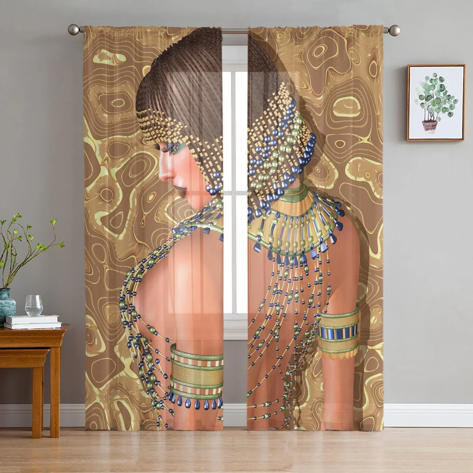 Egyptian Woman Golden Beads Fashion Girl Tulle Sheer Window Curtains for Living Room Bedroom Voile Organza Curtains Drapes