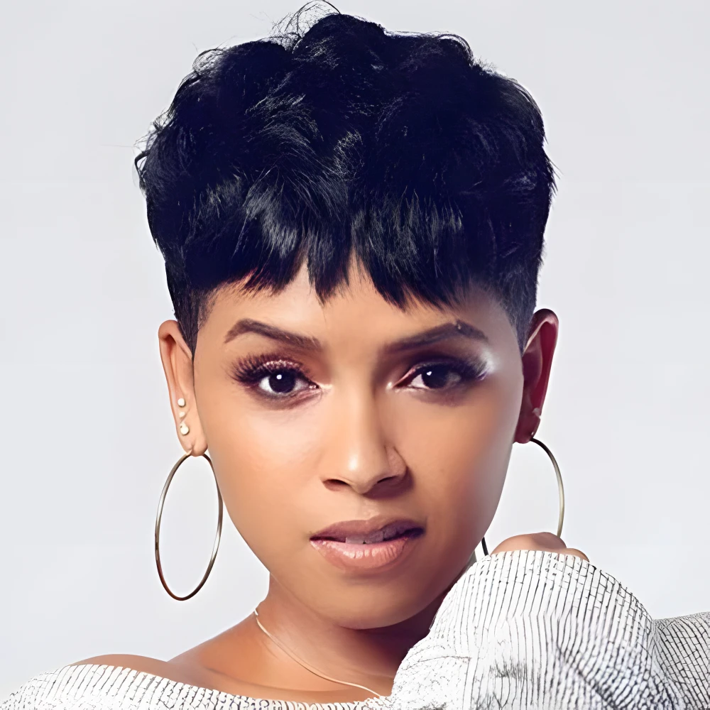 Synthetic Short Pixie Cut Wigs for Black/White Women Natural Wavy Hair Wig with Bangs Short Haircuts for Women 4 Inch