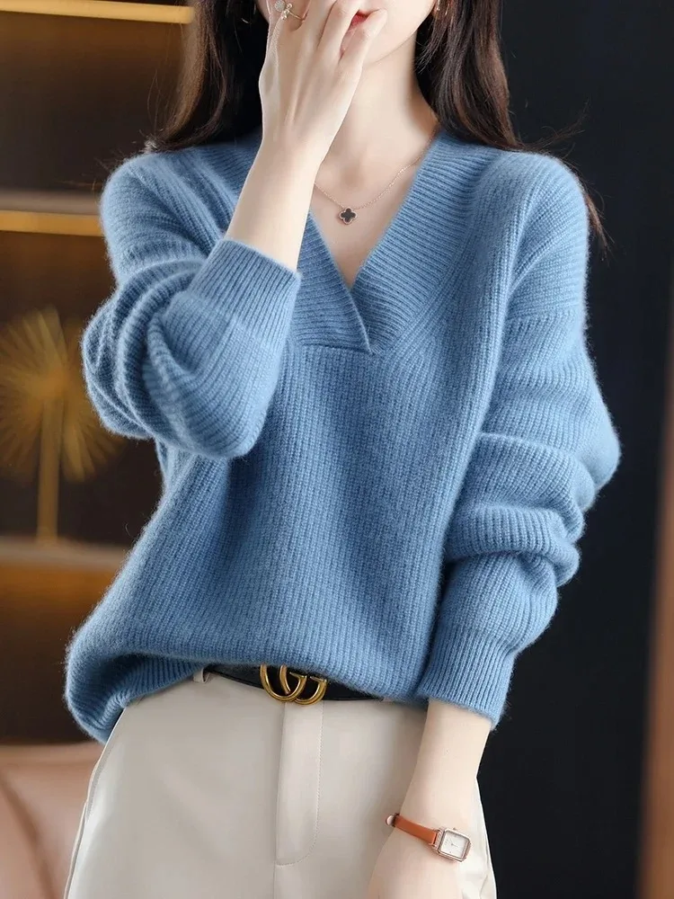 

Новая осенне-зимняя женская одежда, женский прямой свитер с v-образным вырезом и длинными рукавами, элегантный трикотаж, повседневная нижняя рубашка