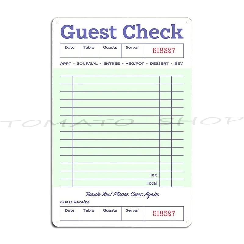 Green Guest Check Metal Plaque Poster Wall Plaque Wall Decor Printing Wall Decor Printing Tin Sign Poster