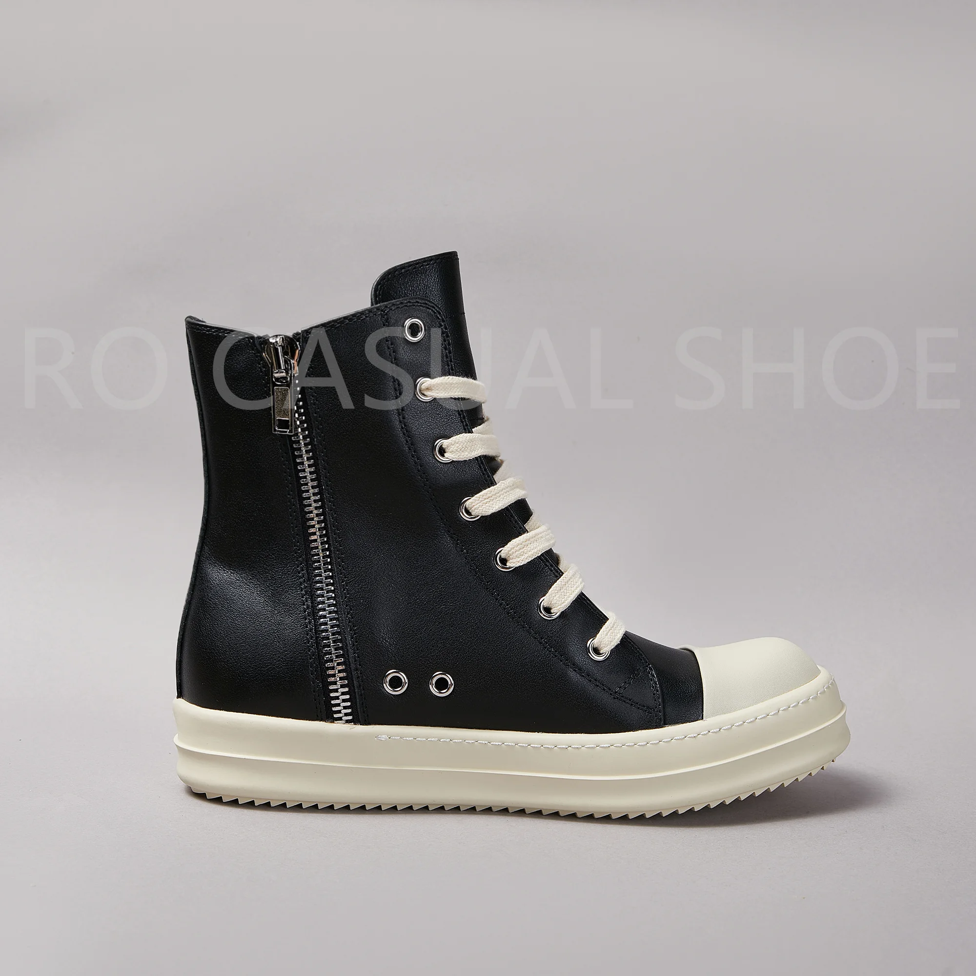 Ricks Genious Black Leather High Top Owens Quality Men Shoe Women Sneaker Casual Lace Up Zipper Owens Design boots & Shoes