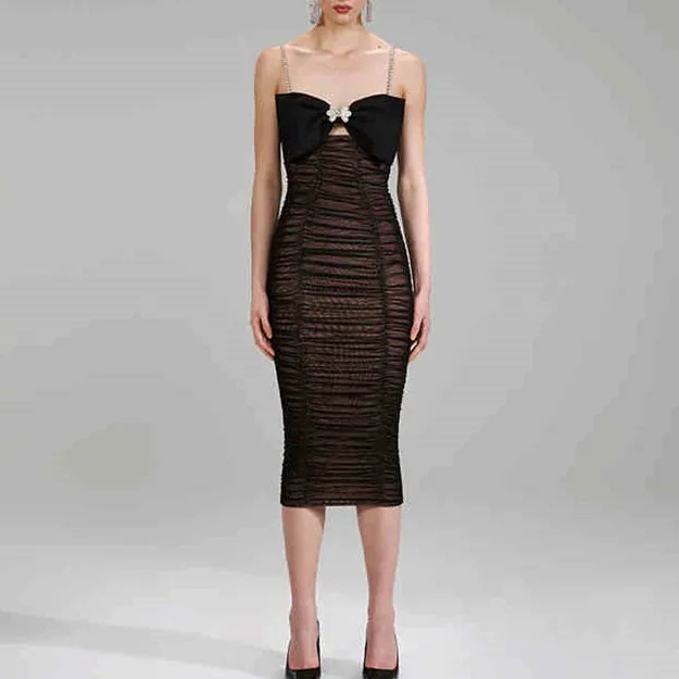 

Classic Black Elegant Women Dress Bow Strapped Sleeveless Runway Dresses Vintage Sexy Party Vestido Ladies Clothing