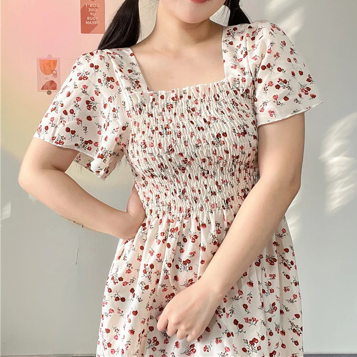 Spring Summer Chiffon Dress Women Casual Dresses Female Elastic Waist Short Sleeve Printed Floral Midi A-Line Dresses Vestidos