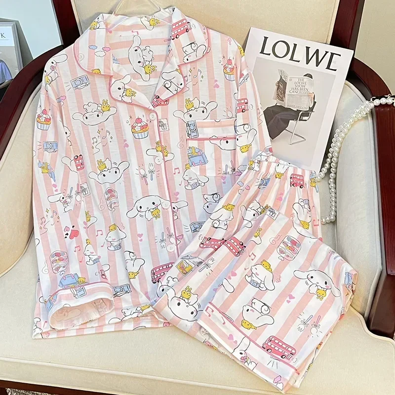 New Yugui dog women\'s pajamas autumn pure cotton long-sleeved trousers lapel silk pajamas women\'s Sanrio loungewear pajamas