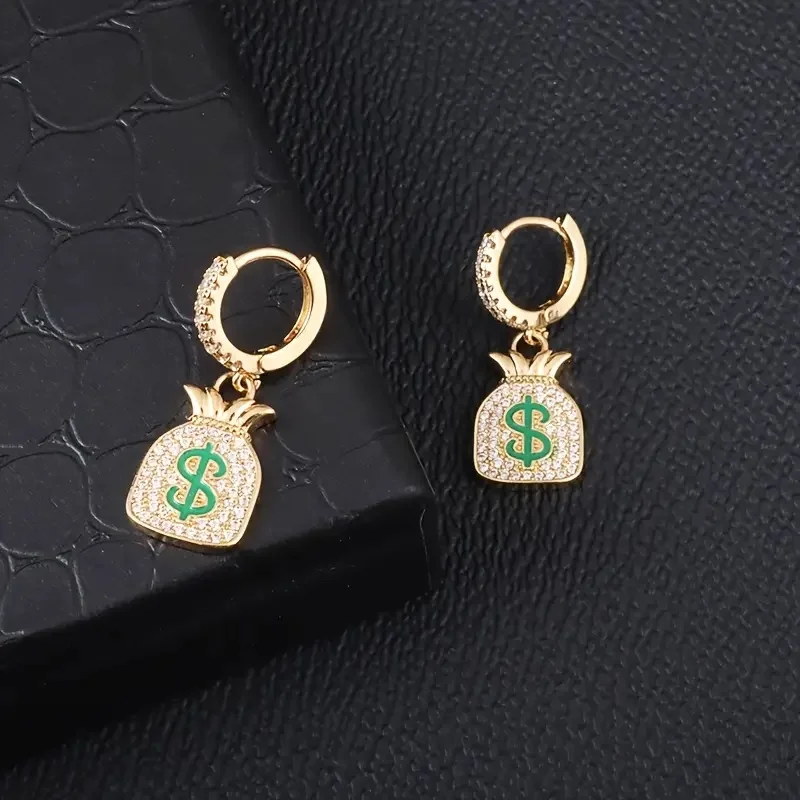 Fashion Hip Hop Dollar Sign Money Bag Pendant Earrings for Men and Women Trendy Hip Hop Rock Earrings Full Zircon