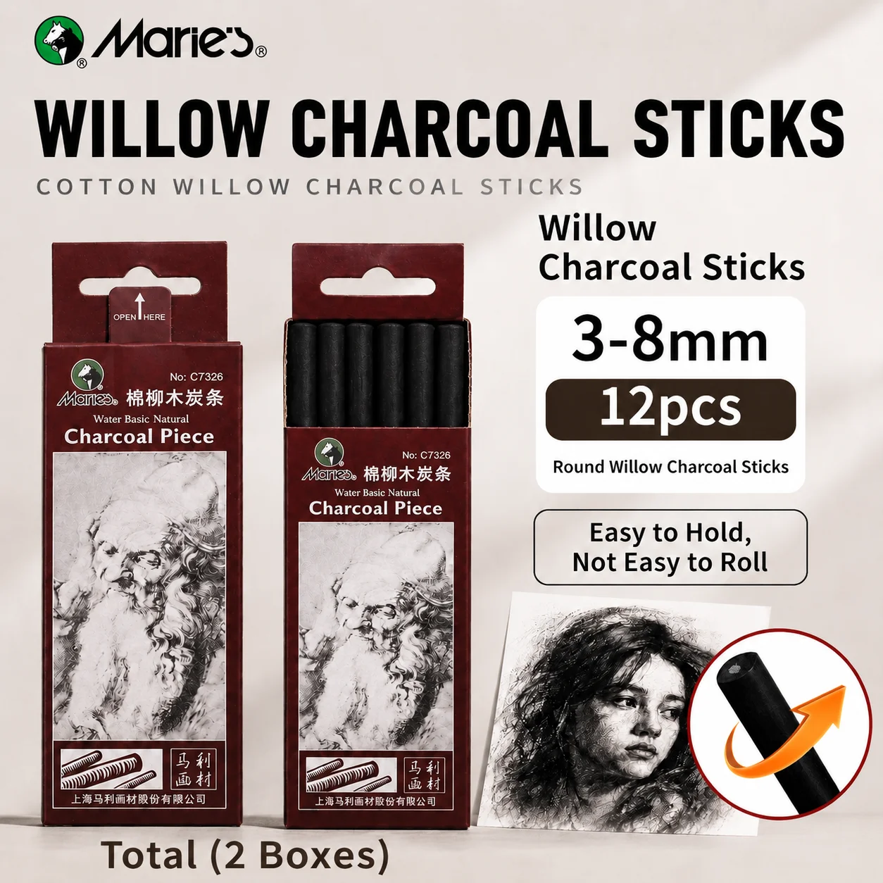 Marie's 12pcs Willow Charcoal Sticks, for Sketching,  Portrait, Shading, Round Mixed 3-8mm, for Artists, Adults and Art Lovers