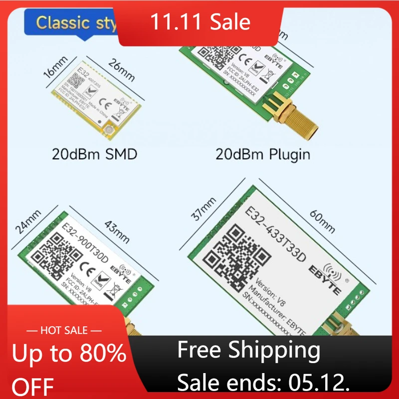

170 433 868 915M LoRa Wireless Module CDSENET E32 Series UART SMD Test Board 20-37dbm Long Range Low Power Air Wake Up 20-37dbm