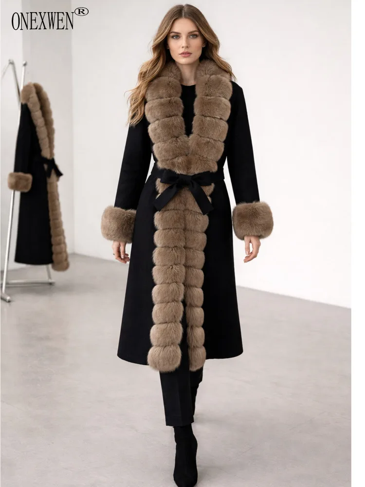 ONEXWEN Elegant Black Women Maxi Length Double Sided Wool Coat Whole Fur Edging V Neck Collar Cuff Warm Winter Overcoat RU75