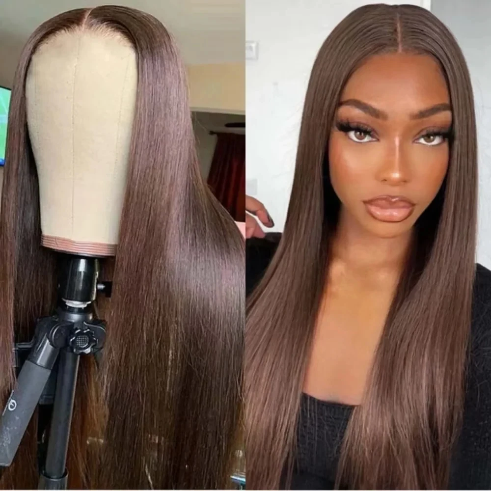 

#4 Chocolate Brown Straight Lace Front Wigs 100% Human Hair 13x6 Transparent HD Lace Frontal Wig Pre Plucked Brown Colored Wigs