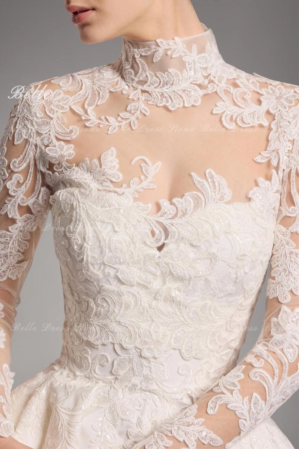 Belle Wedding Dress Elegant High Neck Lace Long Sleeve amanda novias oficial Illusion Ball Gown Sweep Train Bridal Gown Custom