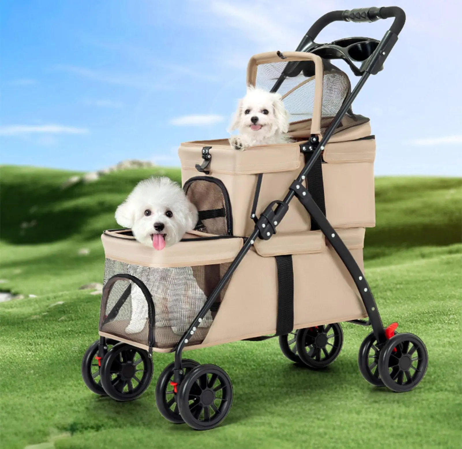 Foldable Double Decker Pet Stroller 4 Wheels Breathable Mesh Puppy Cat Travel Stroller for Multi-Pet Families Outdoor Walking