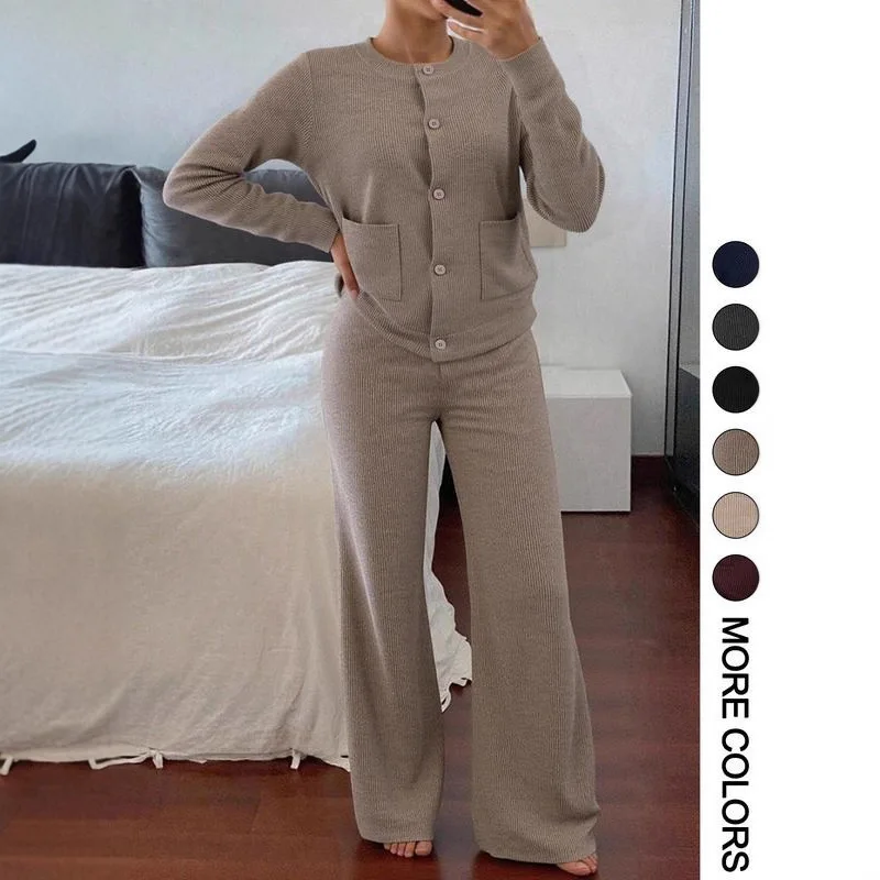 Women's Knitted Set Cardigan Sweater Wide Leg Pants Two Piece Outfit Casual Matching Suit Soft Loose Fit Autumn Winter Clothing