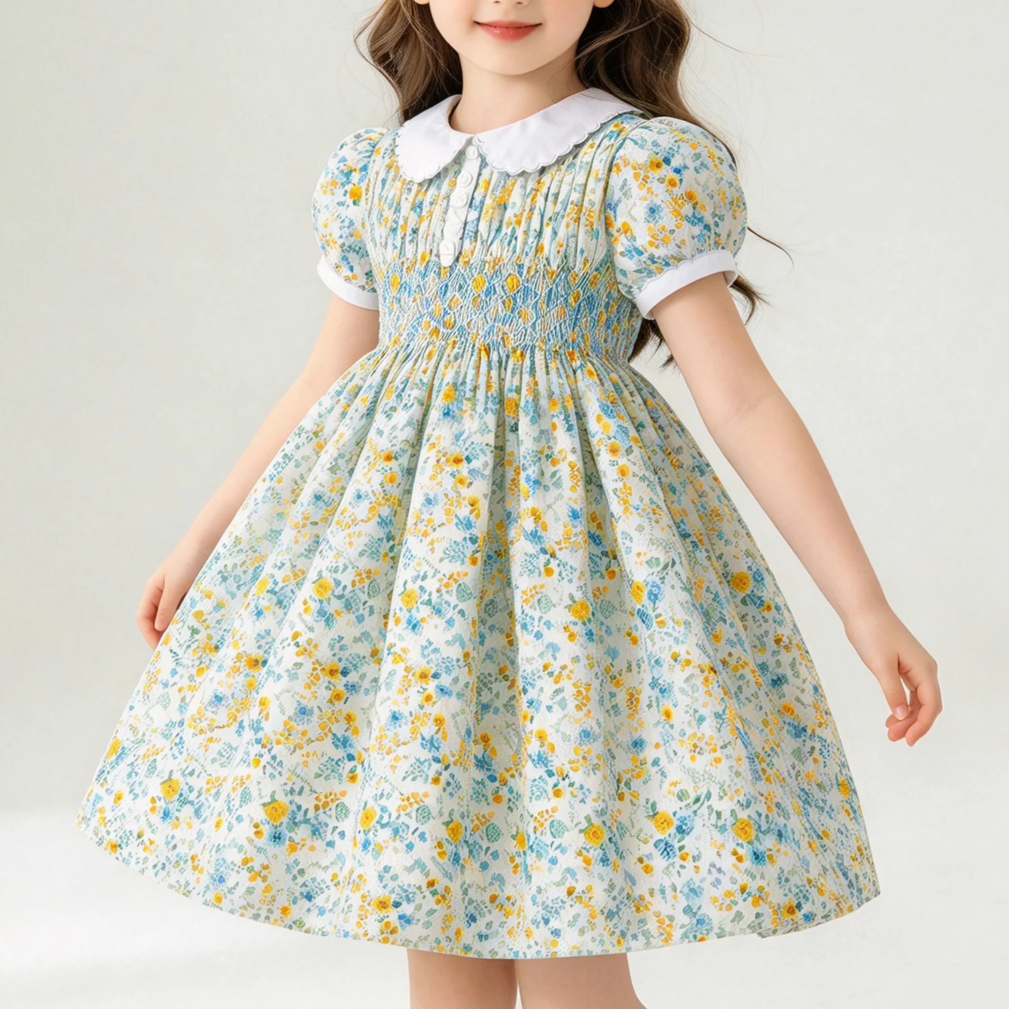 Toddler Girls Vintage Floral Princess Dress Flower Print Puff Short Sleeves Dresses Hand Smocked Summer Clothing for Holiday