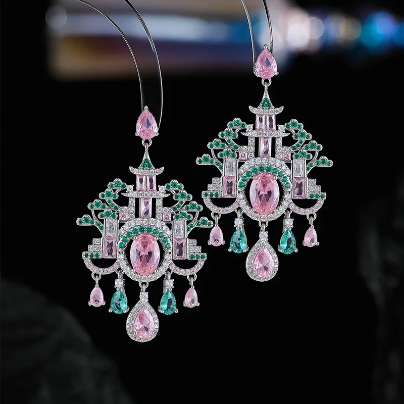 New Chinese Pavilion Heavy Craft Colorful Zircon Light Luxury High-end Tassel Palace Style Retro Earrings