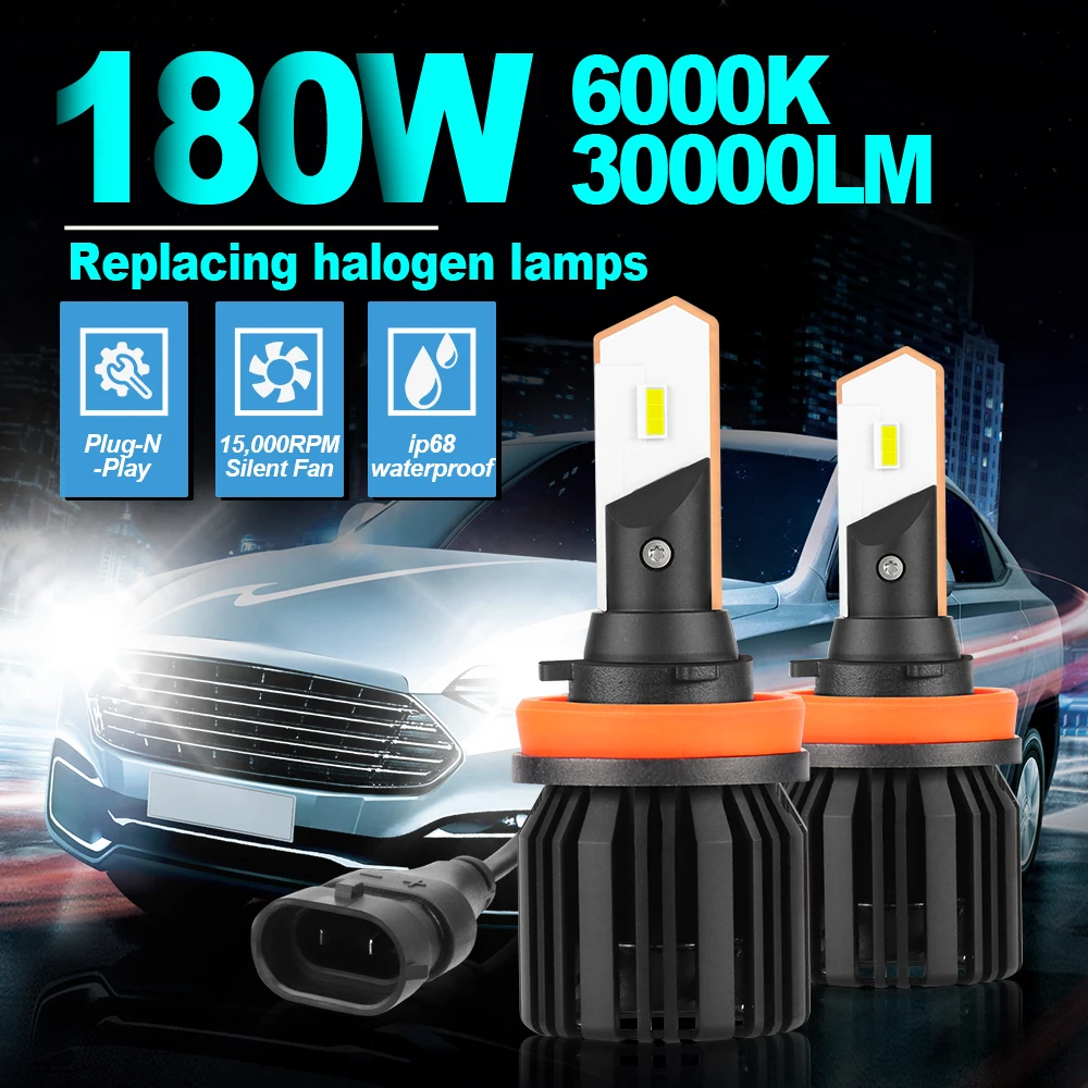 

High Power 180W CSP Chip H11 LED Headlight HB3 9005 HB4 9006 H8 H9 Car Lamp 6000K Fog Light for Vehicles 12V Headlamp with Fan