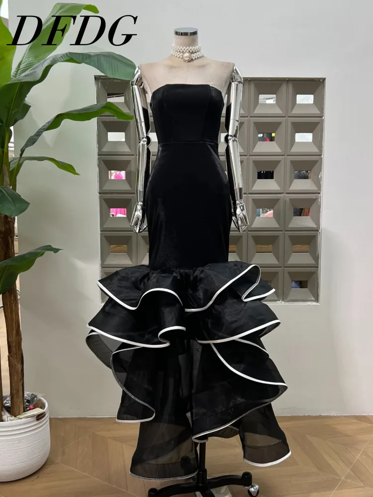 

DFDG Women’s 2025 French Vintage Pearl Mermaid Strapless Evening Dress Glitter Trim Spring Summer Formal Gown Womens Dresses