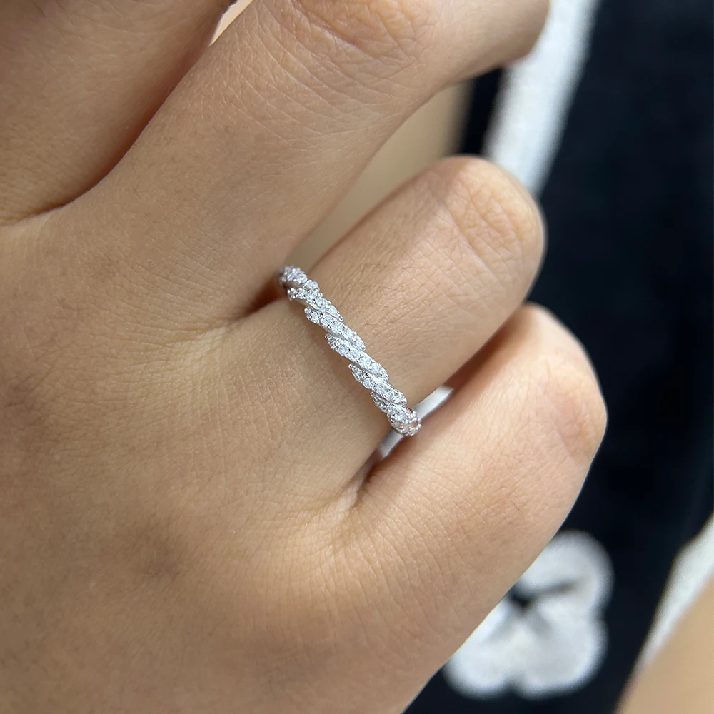 1.1mm All‑Inlaid Real Moissanite Stackable Twist Ring for Women,925 Sterling Silver Lab‑Created Diamond Wedding Finger Band,Fine Jewelry for Proposal Anniversary Birthday Holiday Gift Accessories