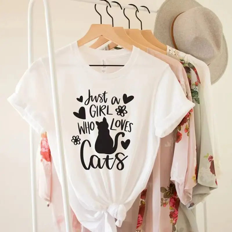 

Custom Cat Print Women T Shirt Cat Mom Casual Loose Short Sleeve Soft Fabric Daily Wear Pet Lover Just A Girl Who Loves Cats