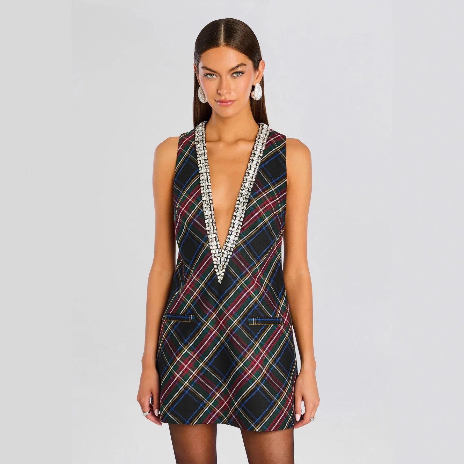 

Fashion Trendy Sleeveless Short Dresses Women Set With Diamonds Deep V-neck Elegant Lady Mini Dress Temperament Lady Vestidos