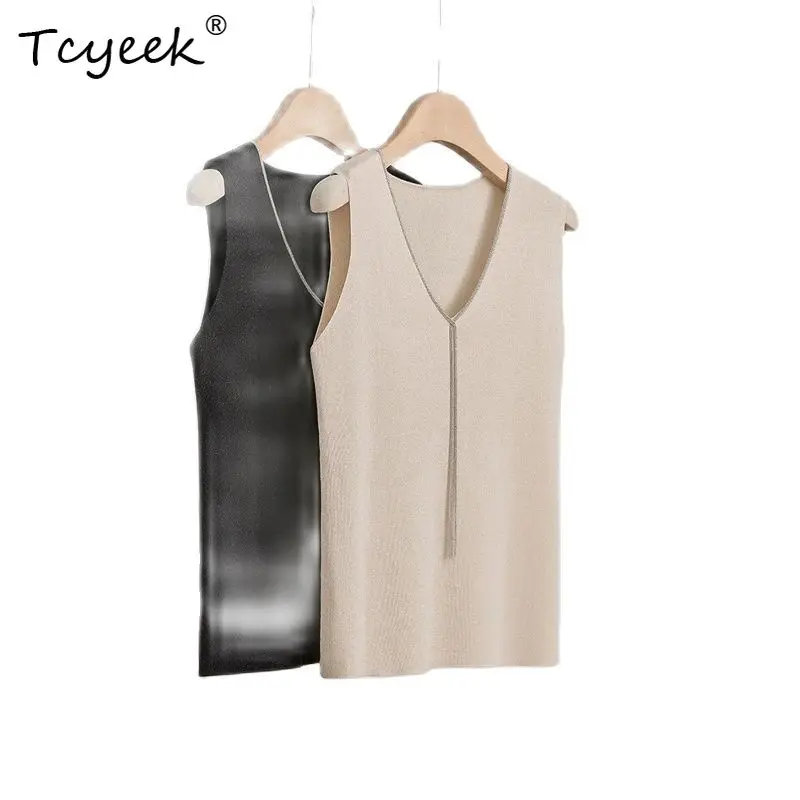 

Tcyeek, 9%Natural Silk Elegant Sling, Women V Neck Sleeveless Solid, Commute Basics Knit Tank Tops, 2024 Summer Fall T48317QC