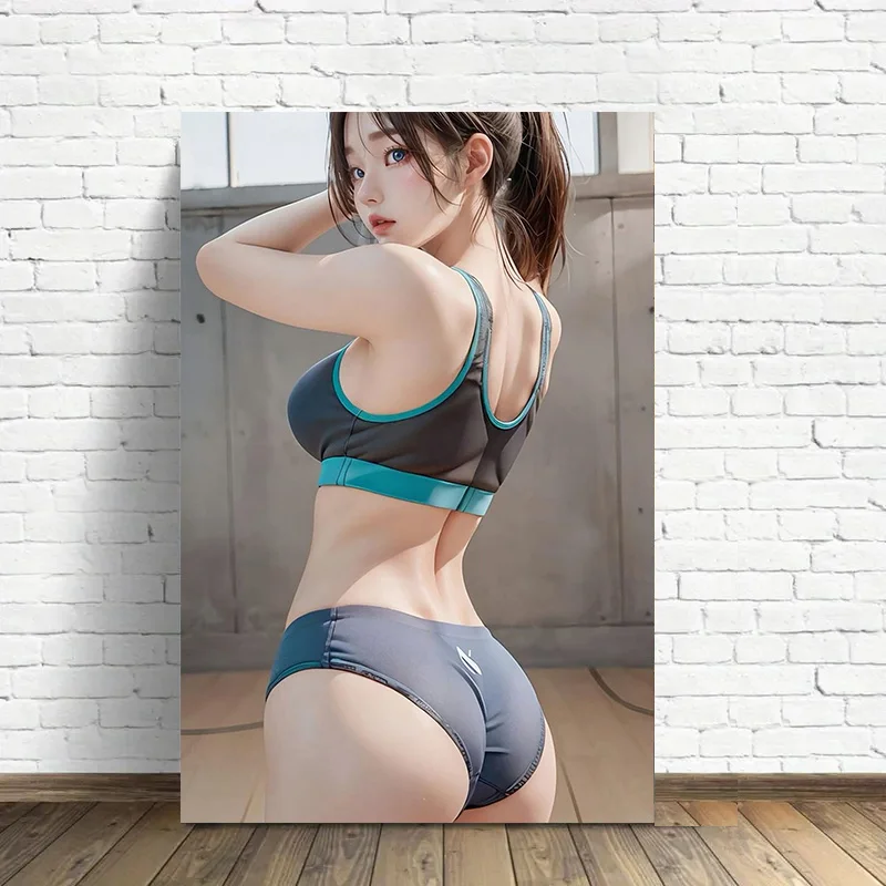 HD Metal Tin Sign Athletic Anime Girl in Teal and Gray Sportswear Posing with Back View in Gym Setting Vintage Wall Art Decor