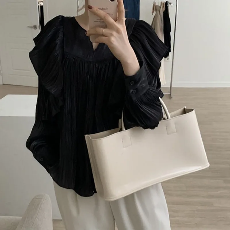 Female Spring Summer Fashion Casual Ruffles Solid color O-neck Women shirts Korean office Lady VersatLoose Long sleeve top tee