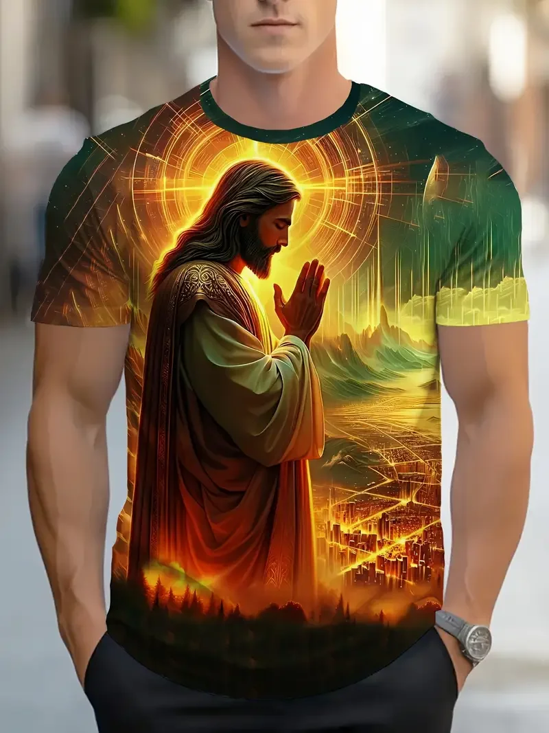 

Holy figure Jesus pattern printed men's T-shirt fashion casual T-shirt street style short sleeved round neck shirt men clothing